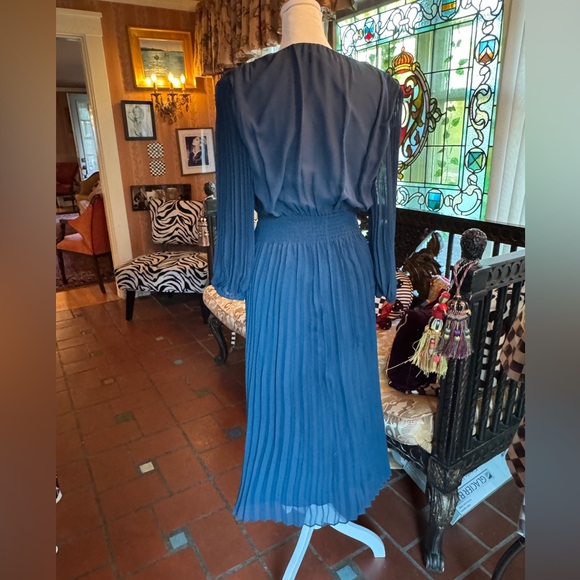 Taylor Smocked Waist Pleated Blue-Green Midi Dress - Picture 2 of 8